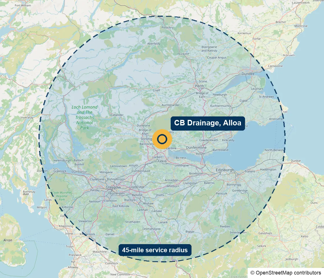 Map of Central Scotland with CB Drainage in Alloa and its 45-mile service radius, taking in Stirling, Falkirk, Glasgow, Edinburgh, Perth and Dunfermline